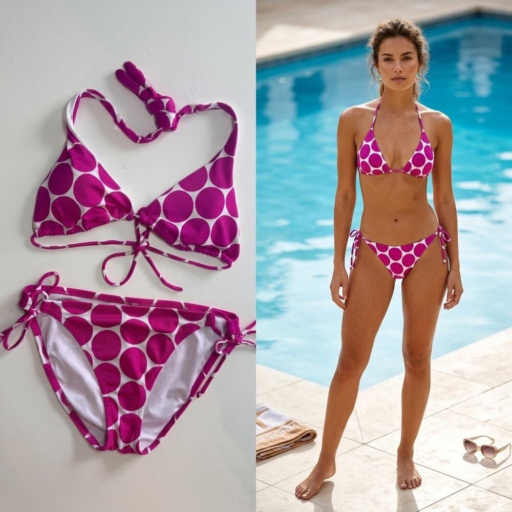 Victoria's Secret Pink Polka Dot Triangle Bikini Medium Halter String Tie Y2K